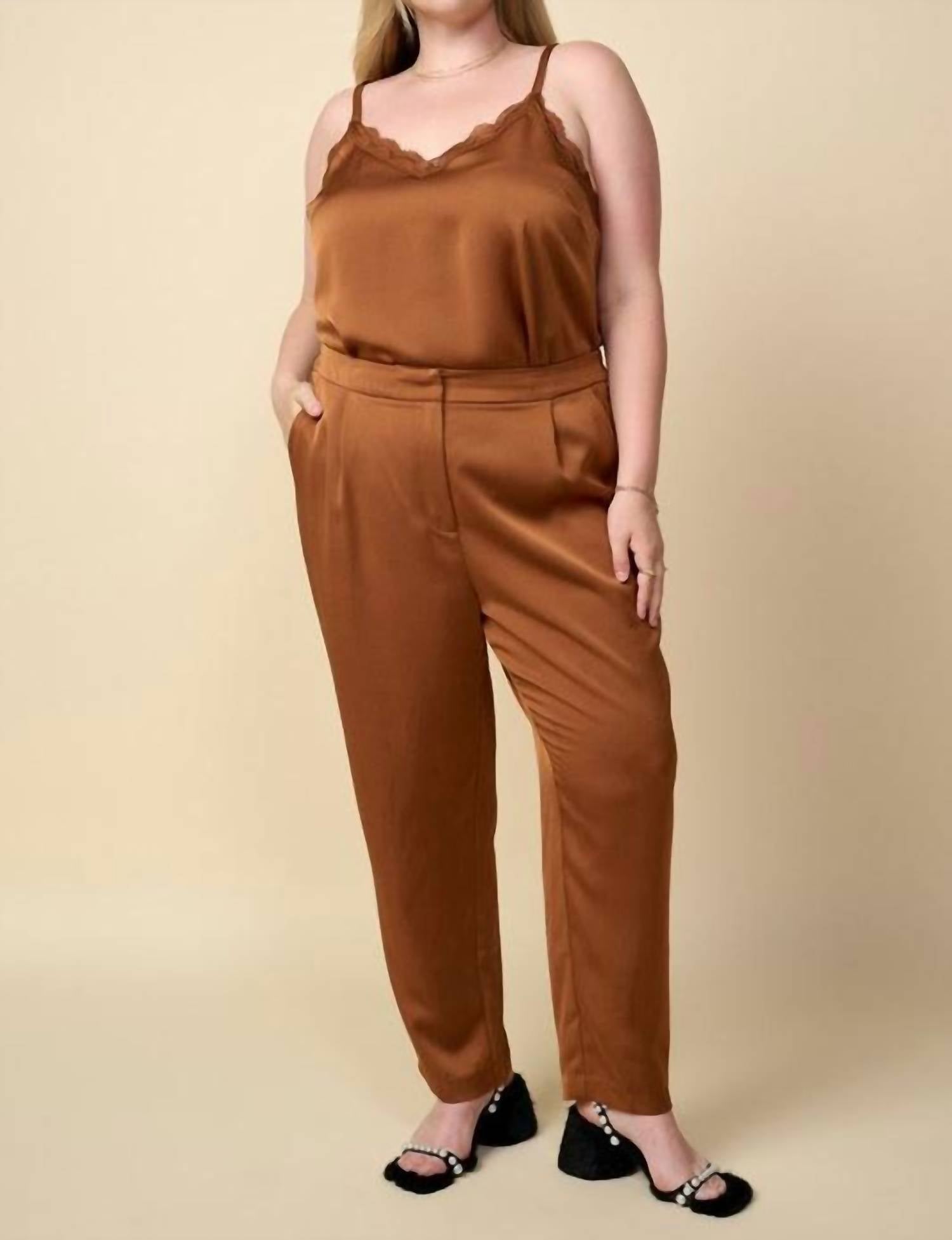 SKIES ARE BLUE Sophisticated Moves Curvy Satin Trousers in toffee - women's pants