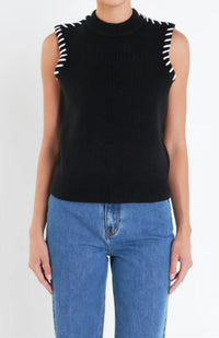 English Factory Stitch Detailed Knit Vest in black white - women's jacket - alternate view