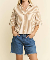 Jade By Jane - Stripe Collar Short Sleeve Shirt