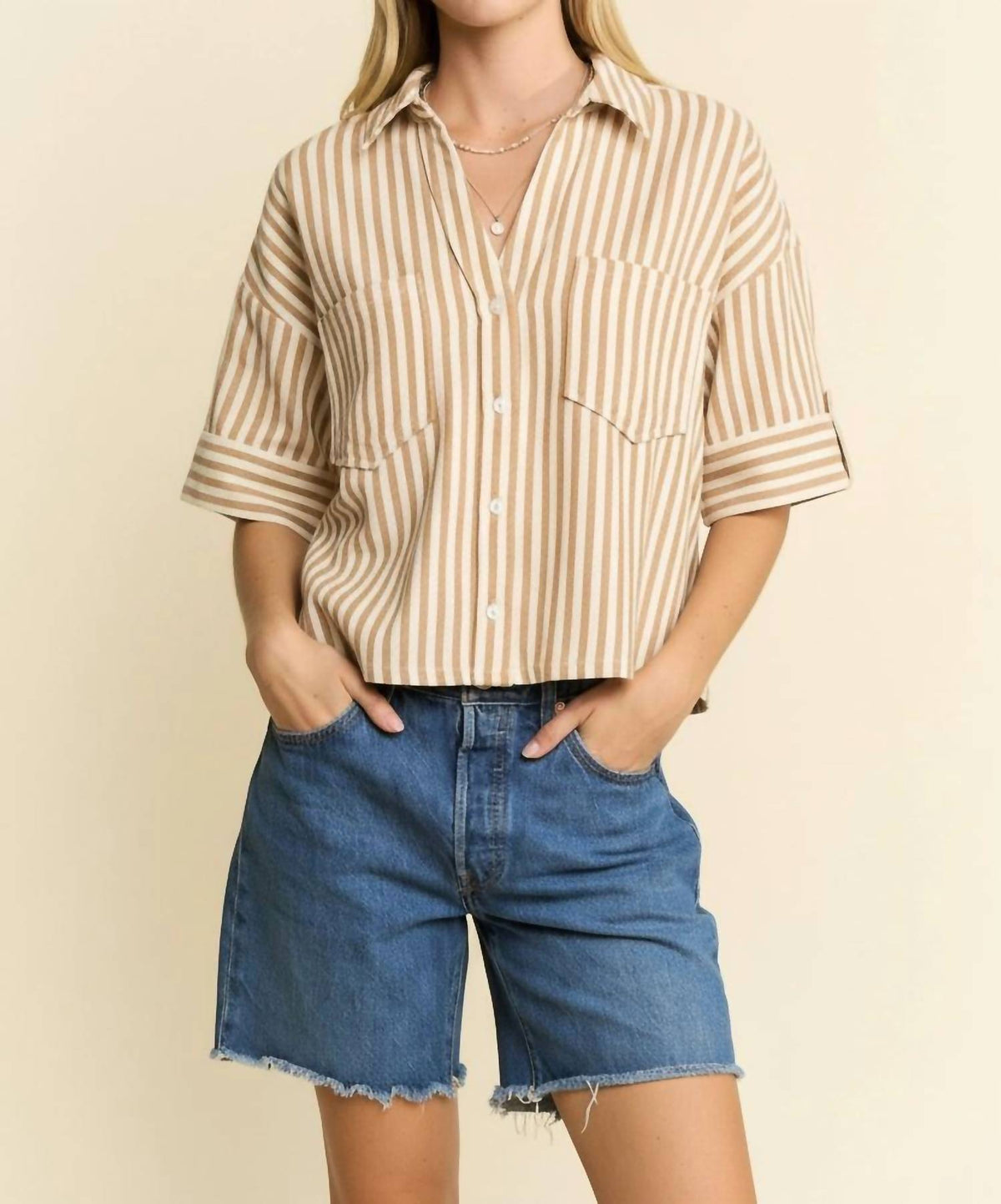 Jade By Jane - Stripe Collar Short Sleeve Shirt
