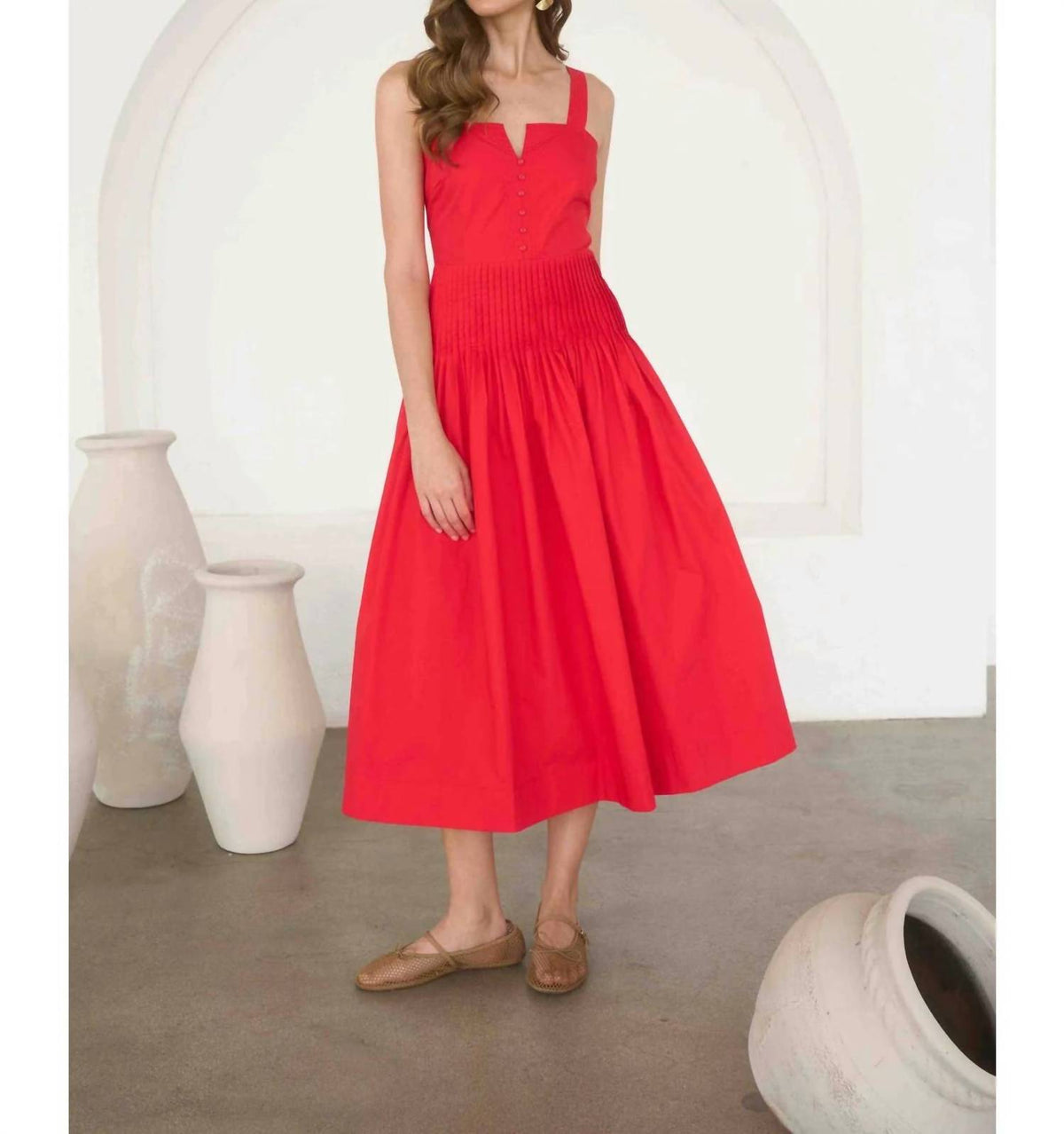 Moon River - Button Detail Pleated Waist Sleeveless Midi Dress