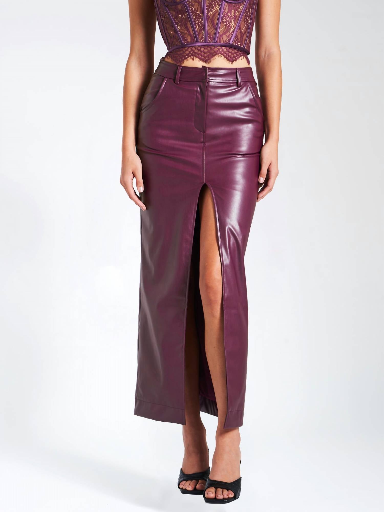 Miss Circle - Faux Leather Maxi Skirt With Slit