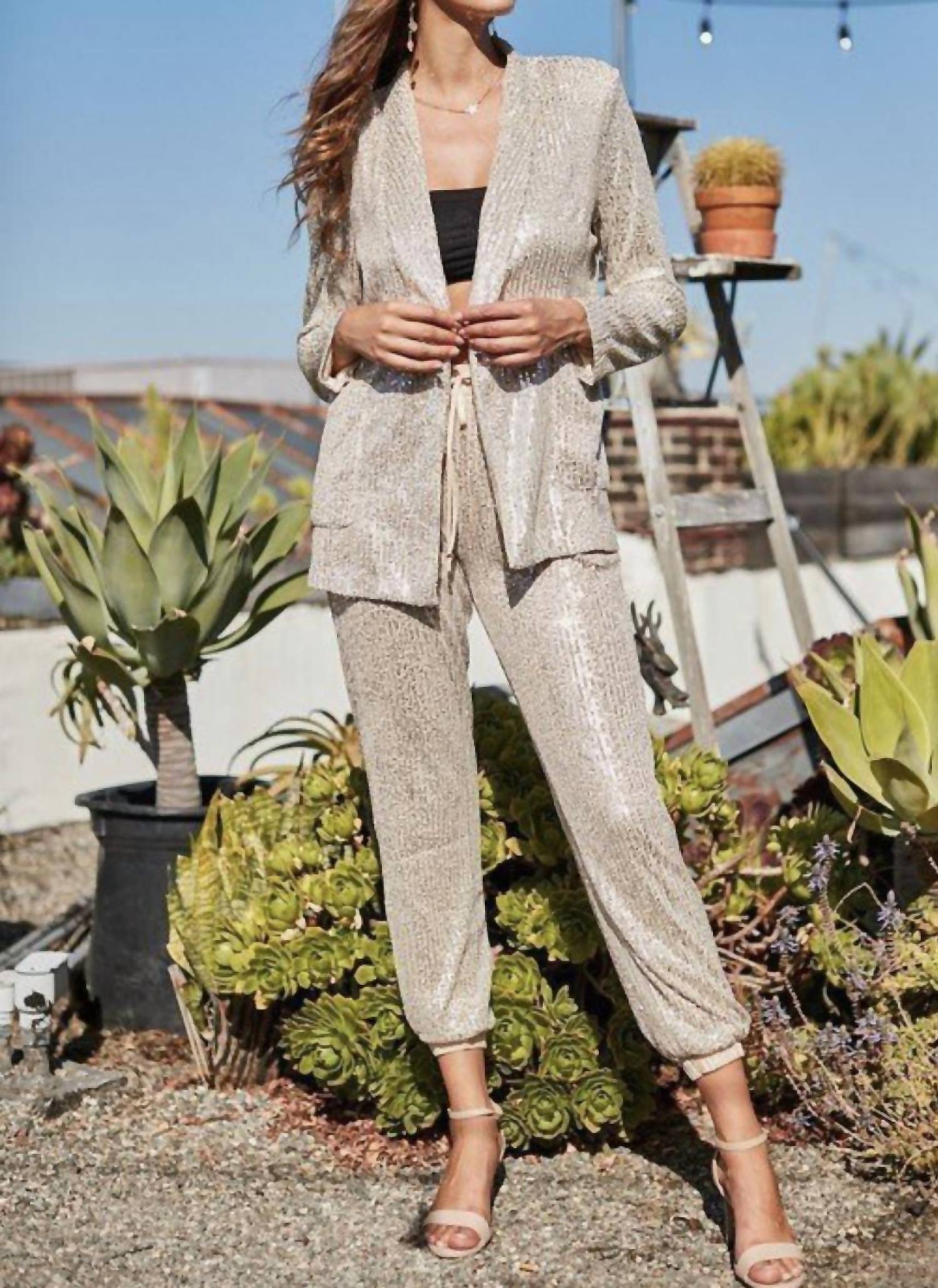 Mainstrip - Shawl Collar Long Sleeve Pocket Sequin JAcket