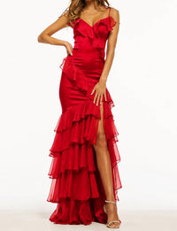 Sherri Hill Satin Evening Dress With Slit in red - women's dress