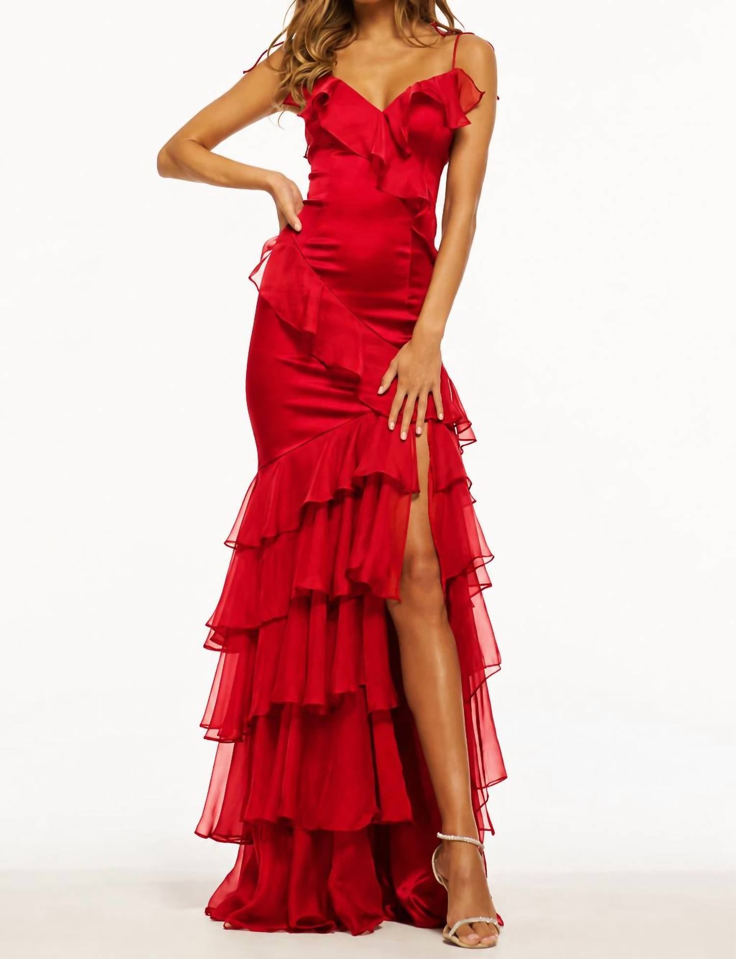 Sherri Hill Satin Evening Dress With Slit in red - women's dress