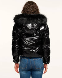 Ramy Brook Beatrice Reversible Puffer Coat in black gold - women's jacket - detail view