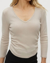 Michael Stars Sylvie V-neck Tee in beige - women's long sleeve top - detail view