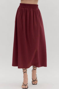 entro Woven Slit Midi Skirt in wine - women's skirt - detail view