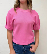 Entro - Solid Short Puff Sleeve Knit Top