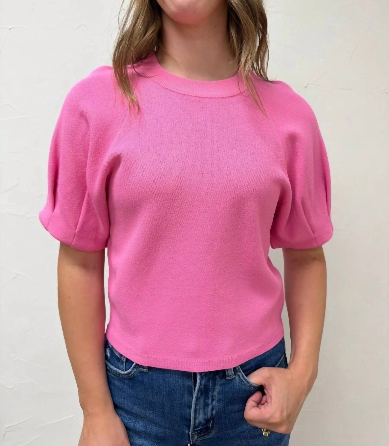 Entro - Solid Short Puff Sleeve Knit Top