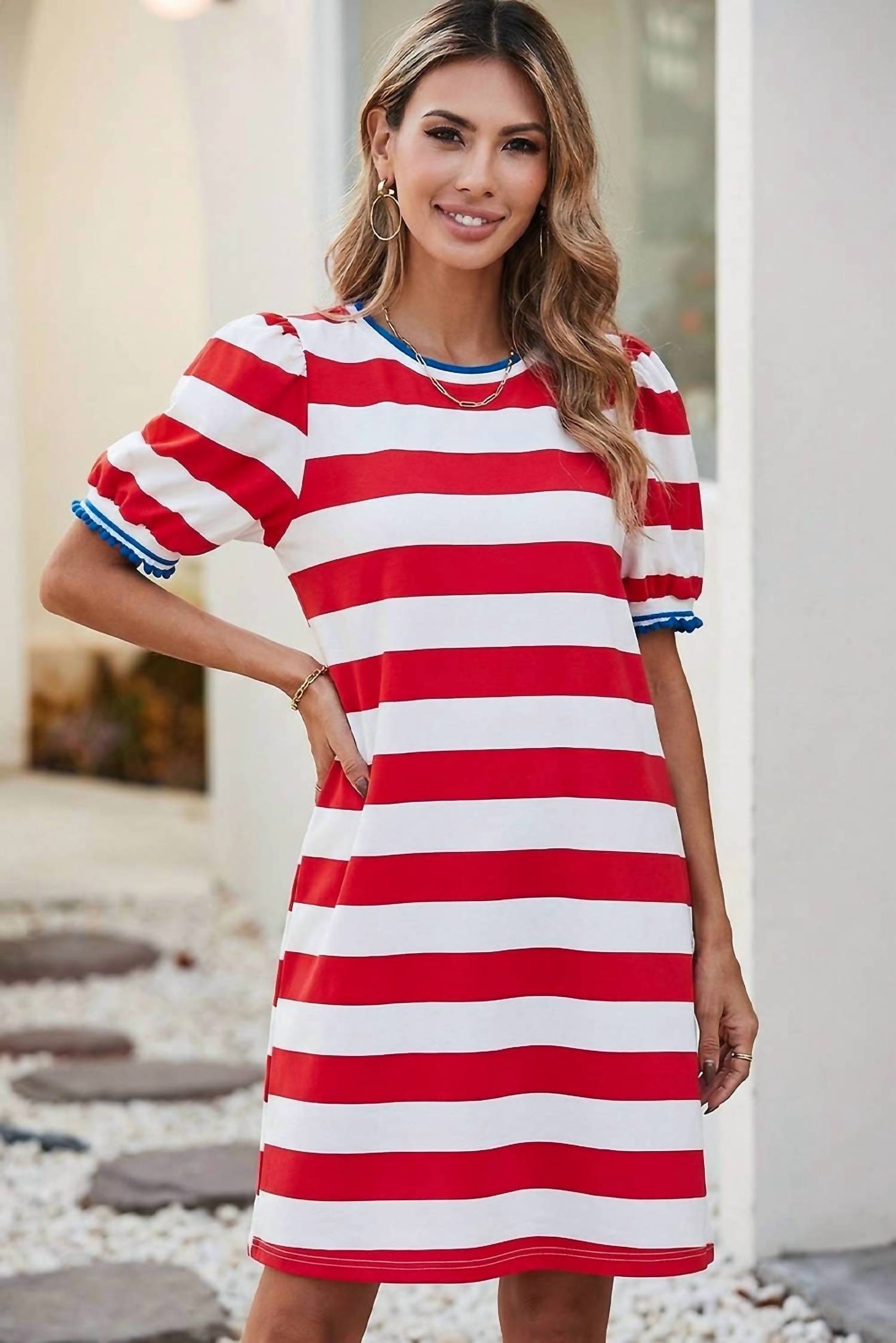 Little Daisy Closet - Stripe Contrast Trim Puff Sleeve Shift Dress