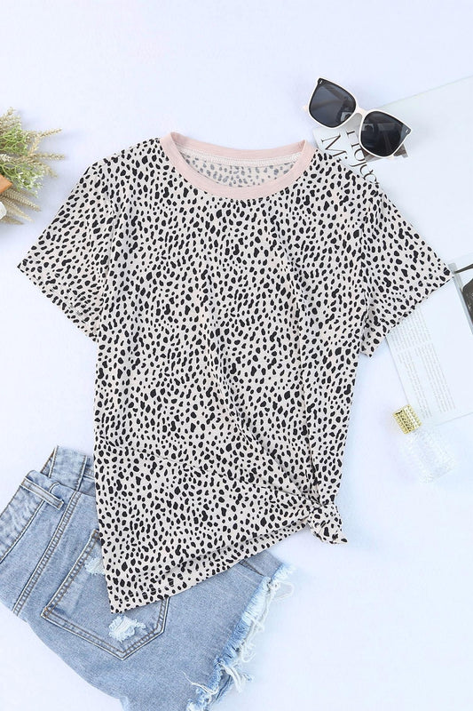 Shewin - Apricot Cheetah Print O-Neck