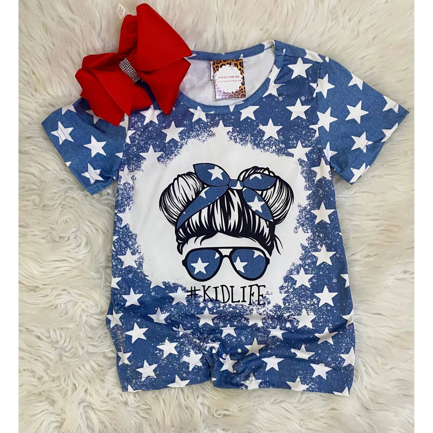 Kidscharm - Girl's Patriotic Messy Bun Tee