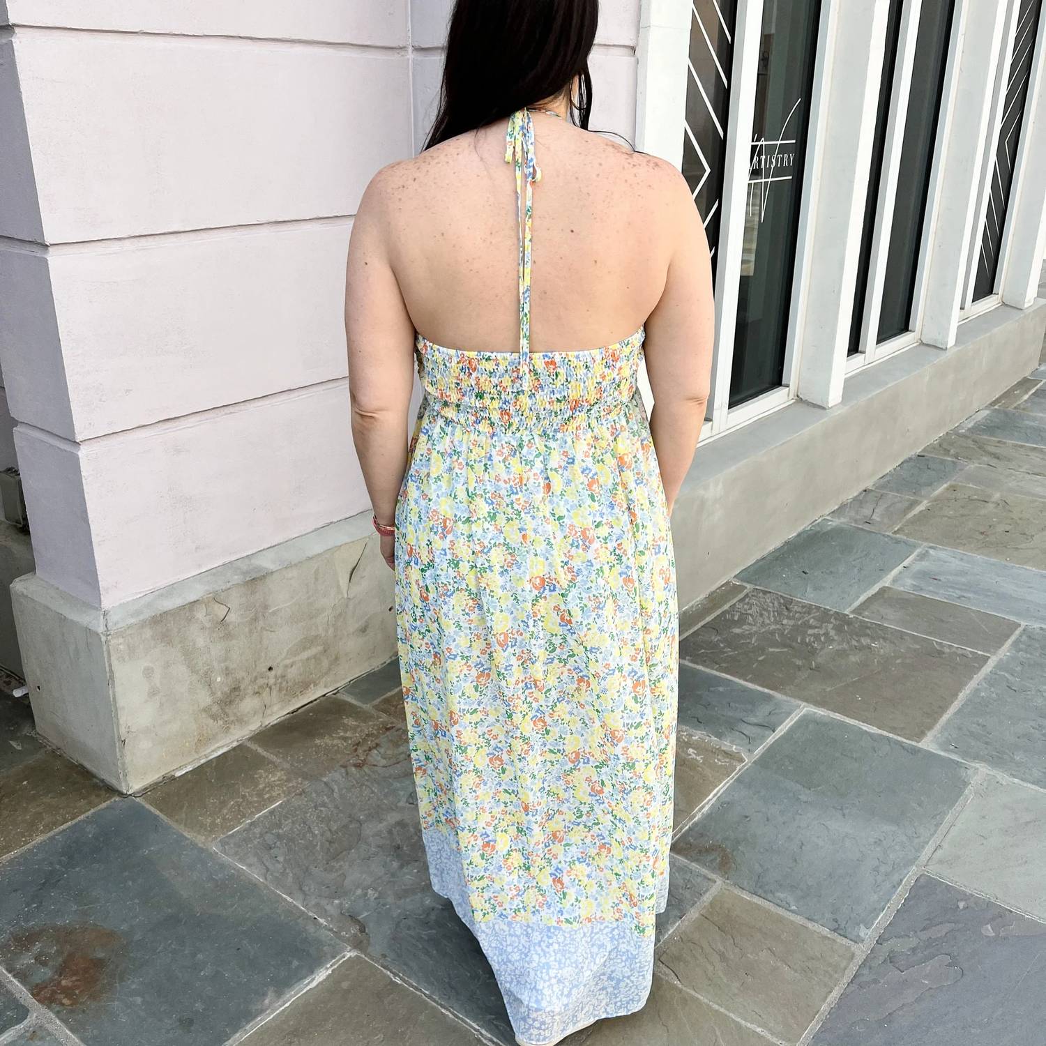 Mittoshop - Flower Border Print Ruching Detail Maxi Dress
