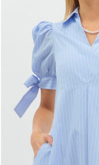 Entro - Pinstriped Puff Sleeve Midi Dress