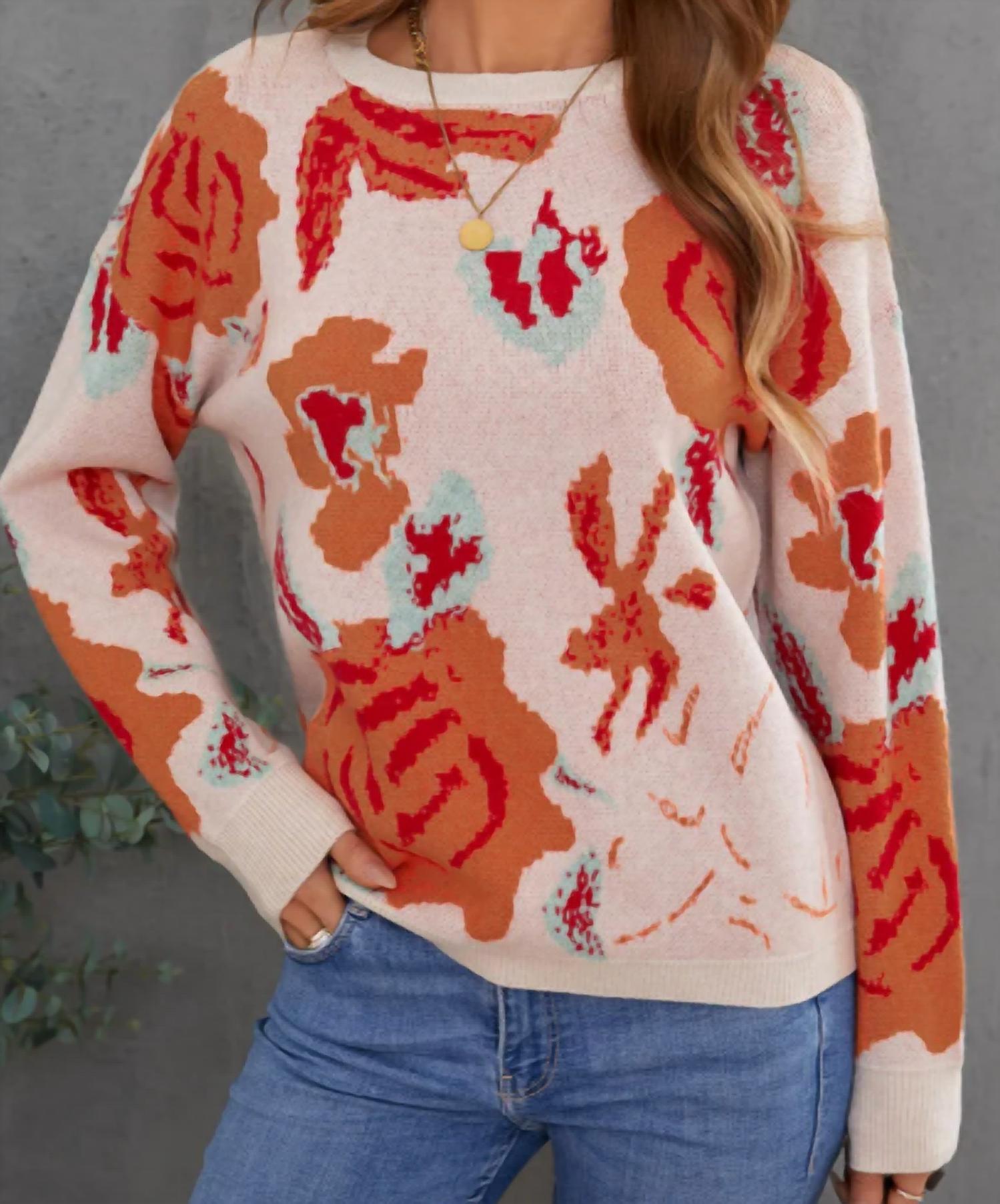 Shiying Fashion - Floral Pattern Drop Shoulder Sweater