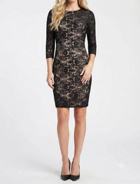 Sue Wong - Ornament Motif 3/4 Sleeve Open-back Dress