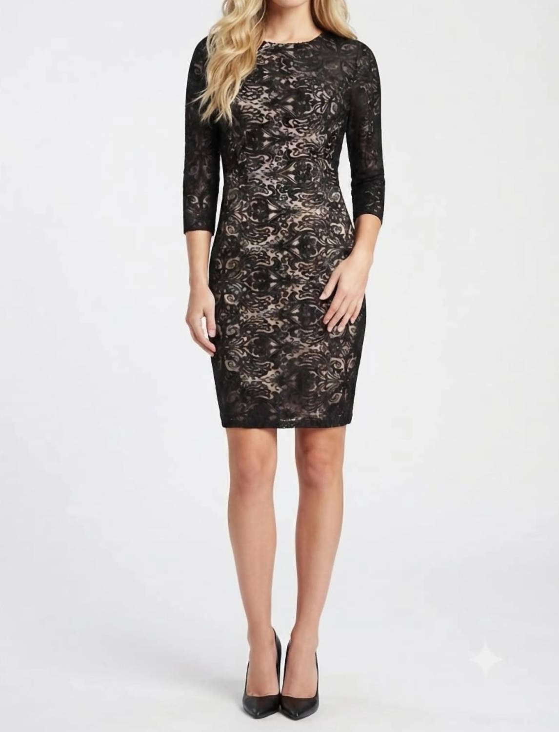 Sue Wong - Ornament Motif 3/4 Sleeve Open-back Dress