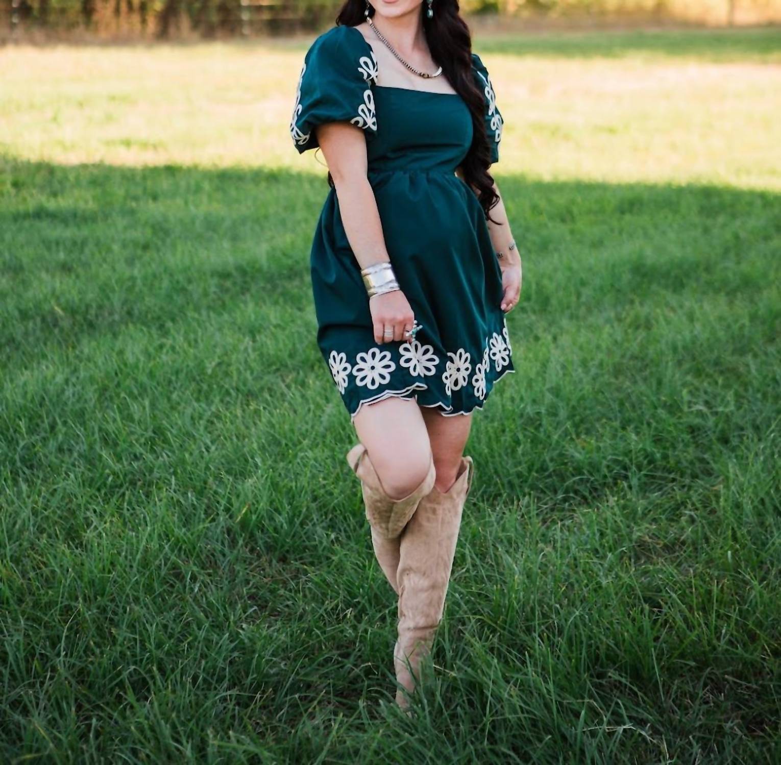 SHE + SKY Ash Puff Sleeve Mini Dress in green - women's dress - alternate view