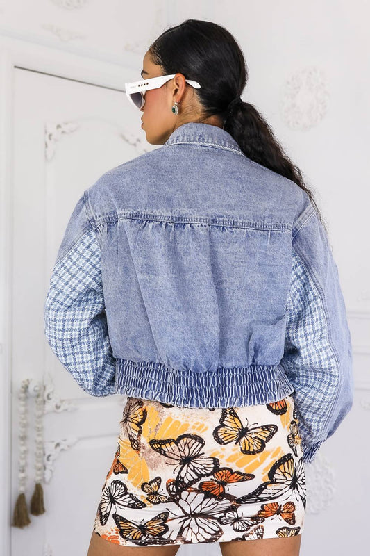 Surelymine - Denim Jacket With Tweed Pockets and Cinched Waist