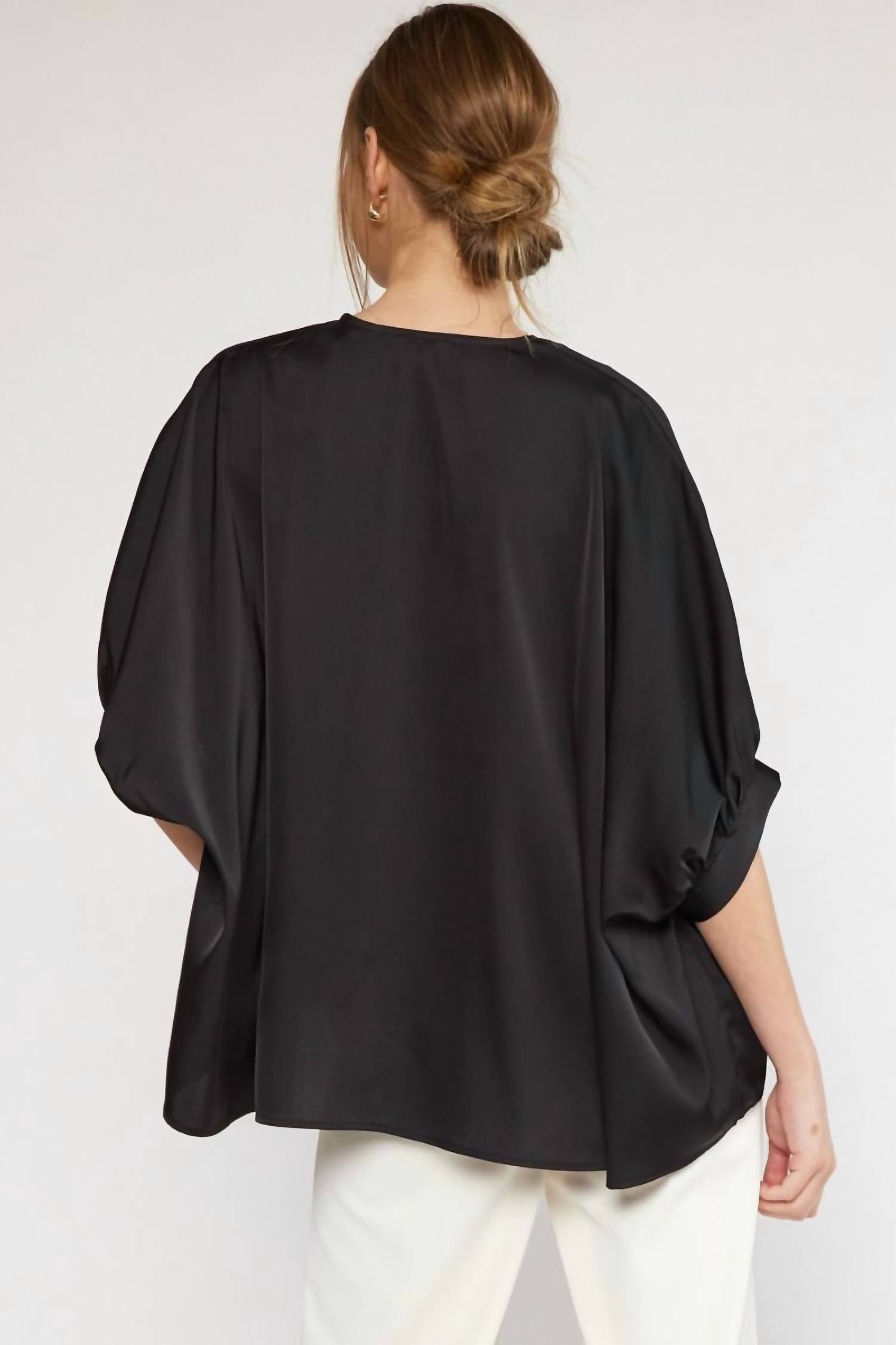 Entro - Satin V-neck Placket Blouse - Plus