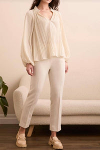 Tribal - Pleated Ruffle Notch Collar Novelty Blouse