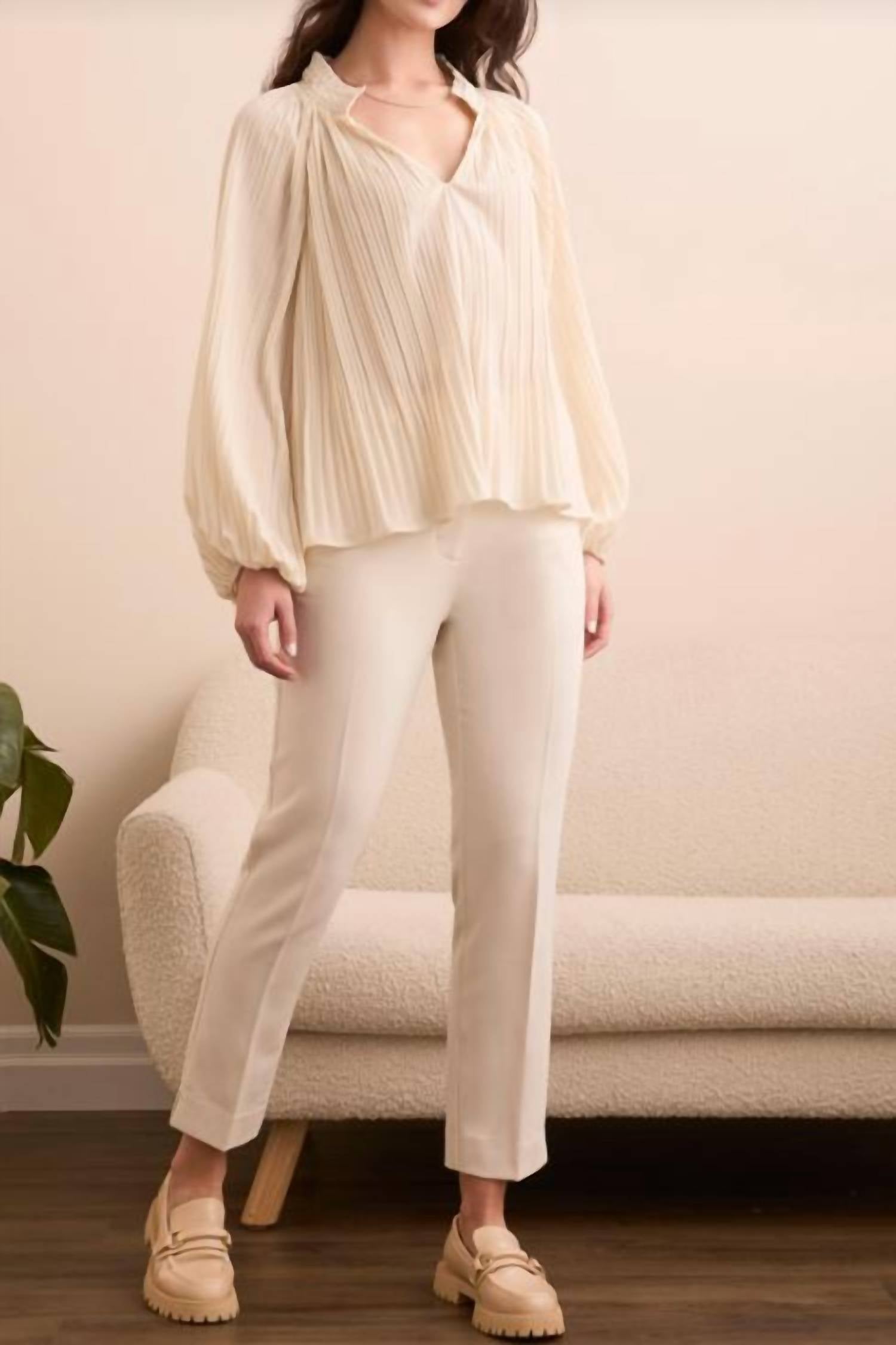 Tribal - Pleated Ruffle Notch Collar Novelty Blouse
