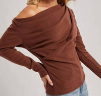 BluIvy One Off Shoulder Knit Top in brown - women's long sleeve top - detail view