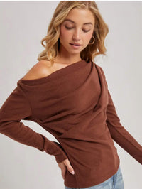 BluIvy One Off Shoulder Knit Top in brown - women's long sleeve top - alternate view