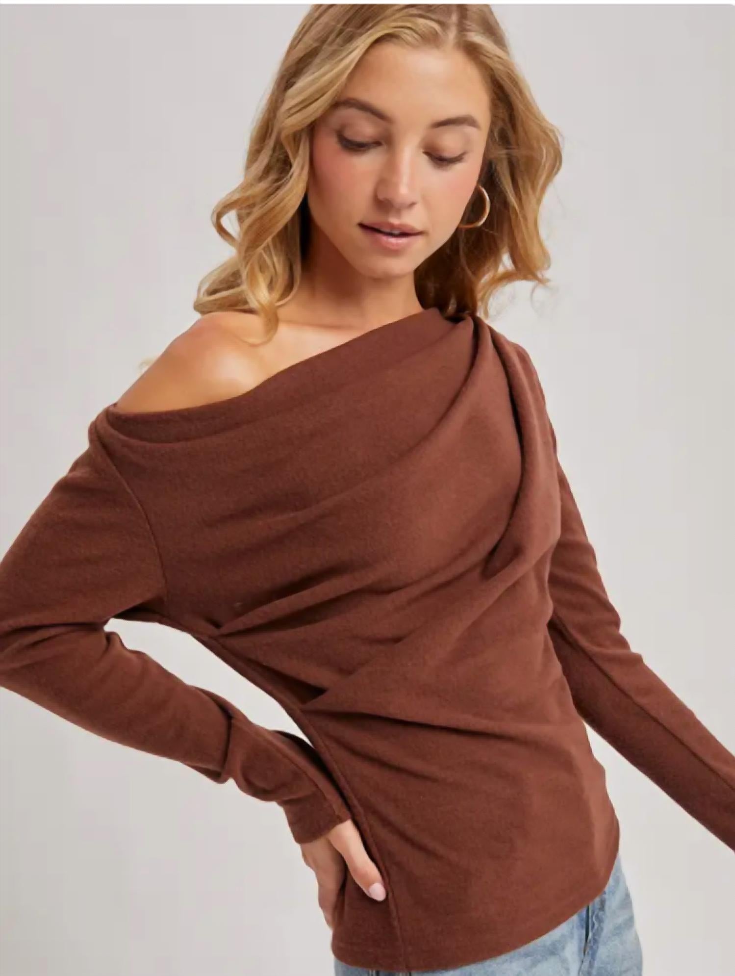 BluIvy One Off Shoulder Knit Top in brown - women's long sleeve top - alternate view