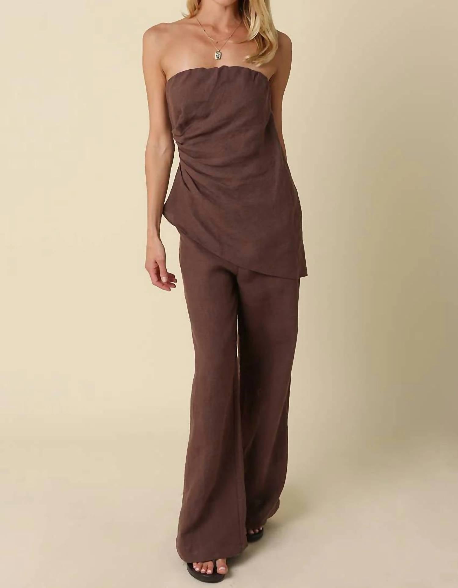 Olivaceous - Draped Strapless Linen Top