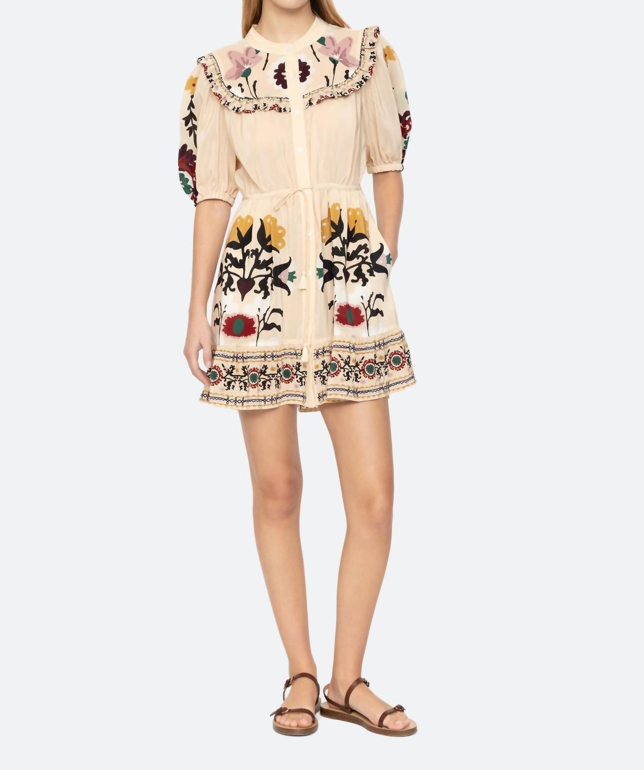 SEA Cassia Print Short Sleeve Dress in cream - women's dress