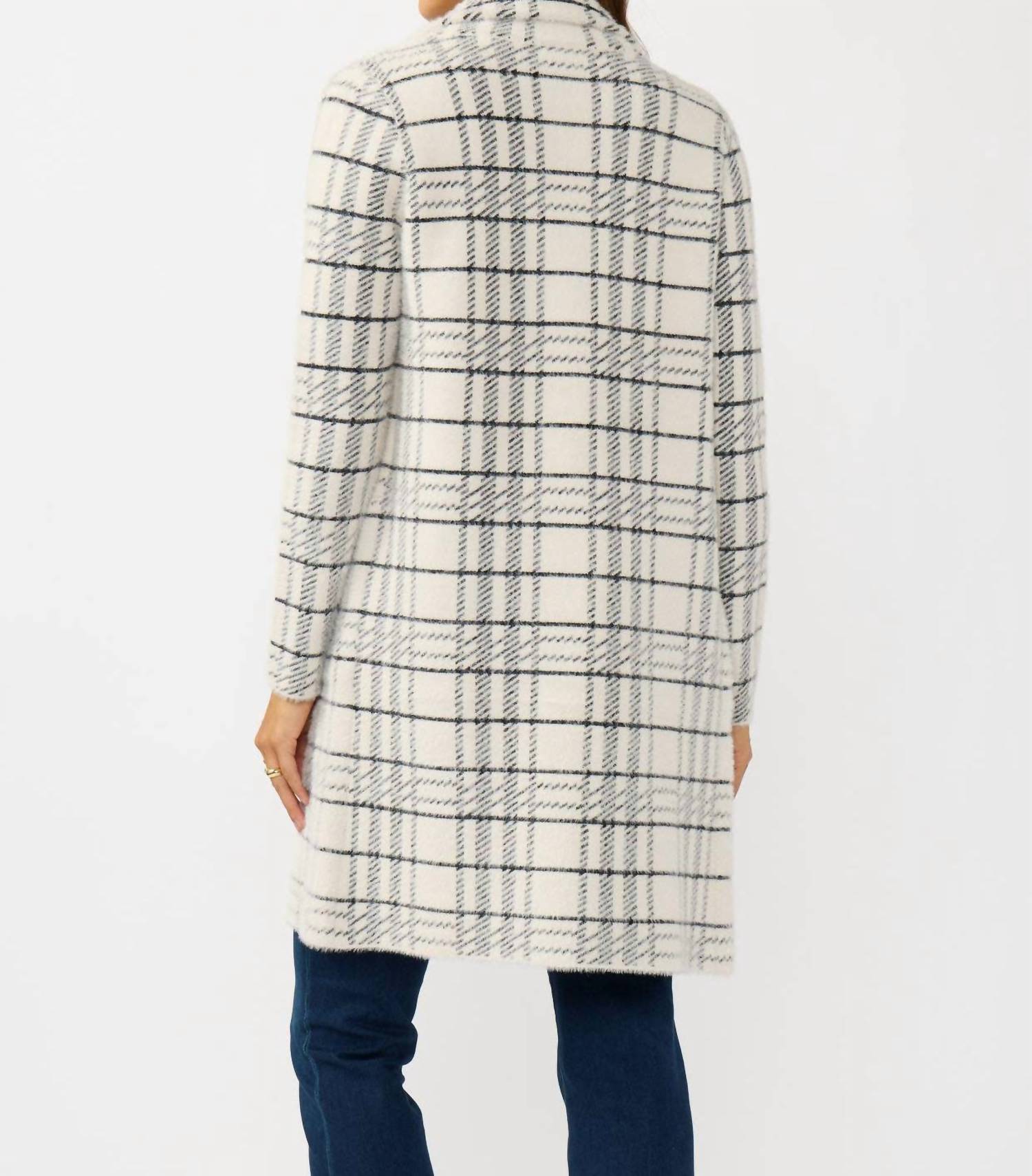 Lovestitch - Plaid Notched Collar Button Front Cardigan