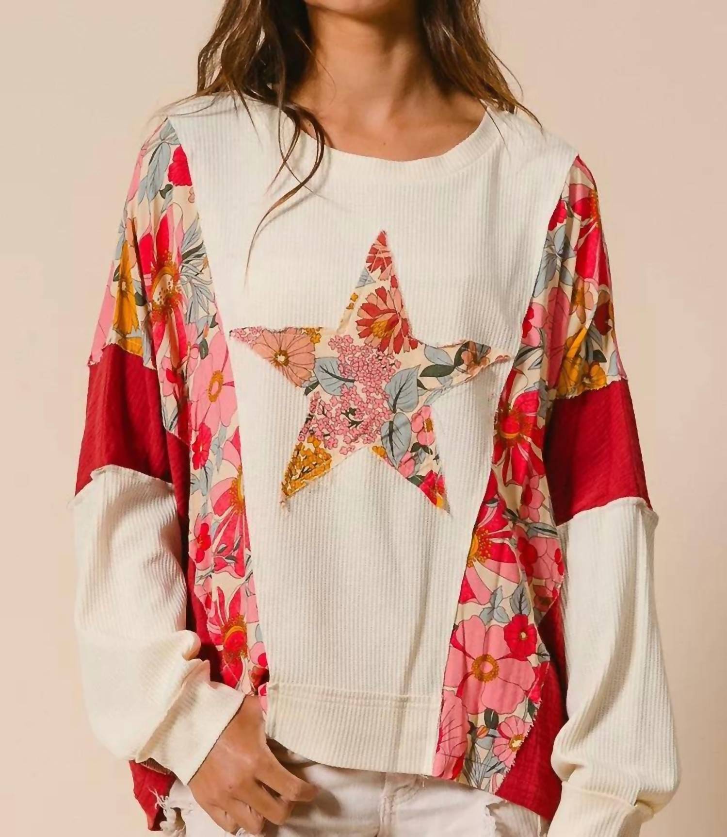 BiBi Mixed Print Knit Top in oatmeal - women's long sleeve top