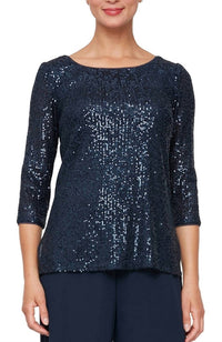 Sequin 3/4 Sleeve Blouse with Side Slit Detail