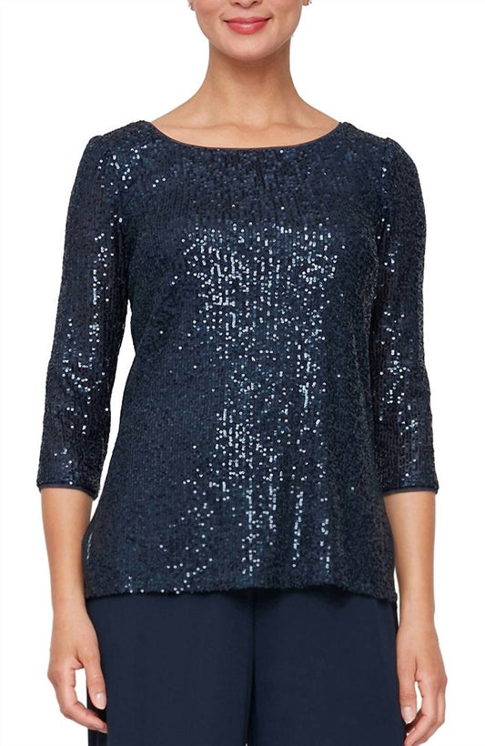 Sequin 3/4 Sleeve Blouse with Side Slit Detail