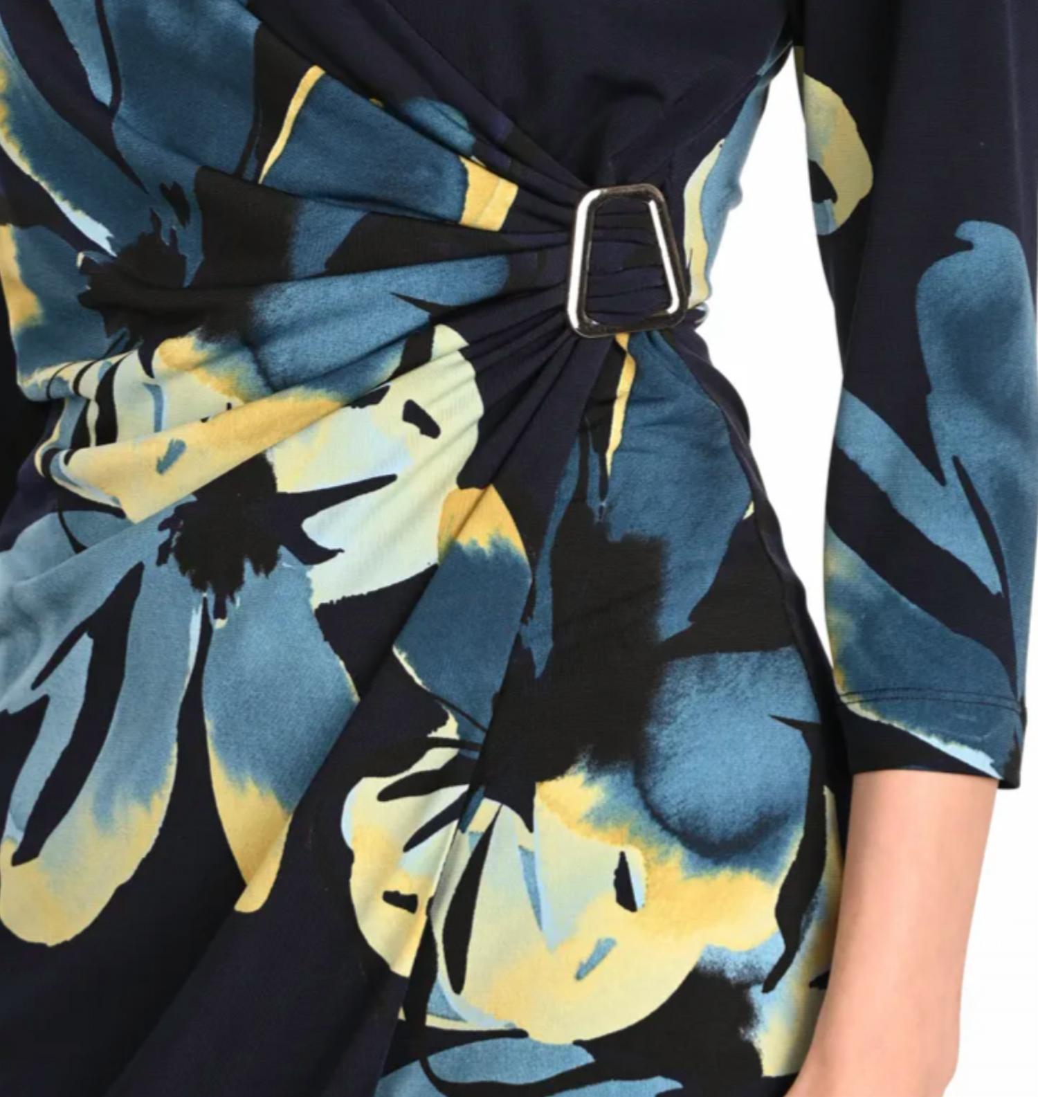 Frank Lyman - Floral Print Faux Wrap Dress With Buckle