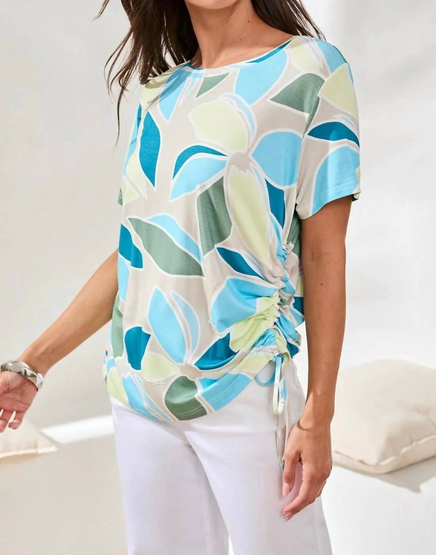 Tribal - Printed Jersey Crew Neck Top With Side Ruching