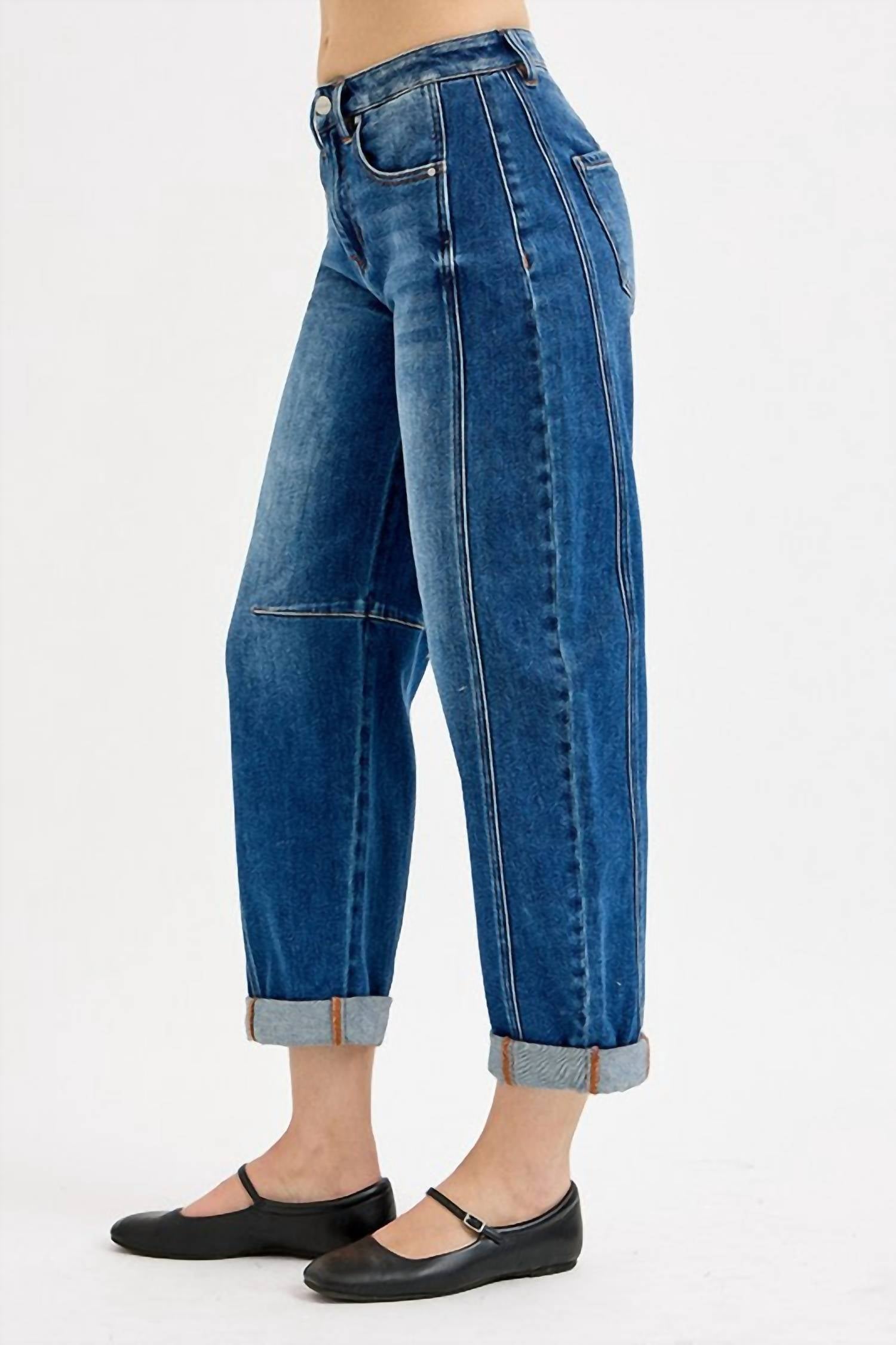 RISEN Lennox High Rise Crop Barrel Cuffed Jean in dark denim - women's jeans - alternate view