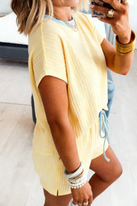 Shewin - Soft Ribbed Color Block Trim Casual Short Set