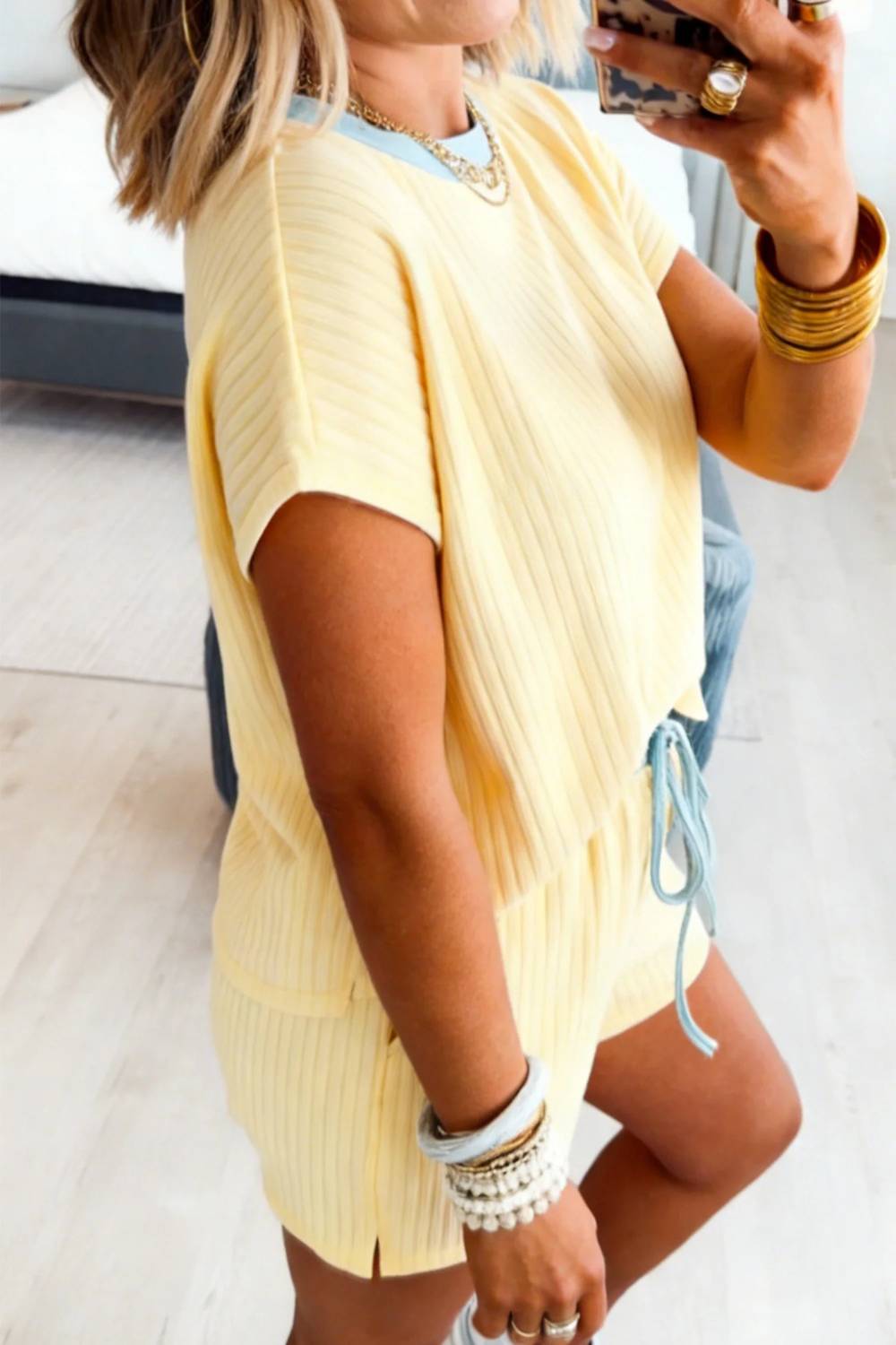 Shewin - Soft Ribbed Color Block Trim Casual Short Set