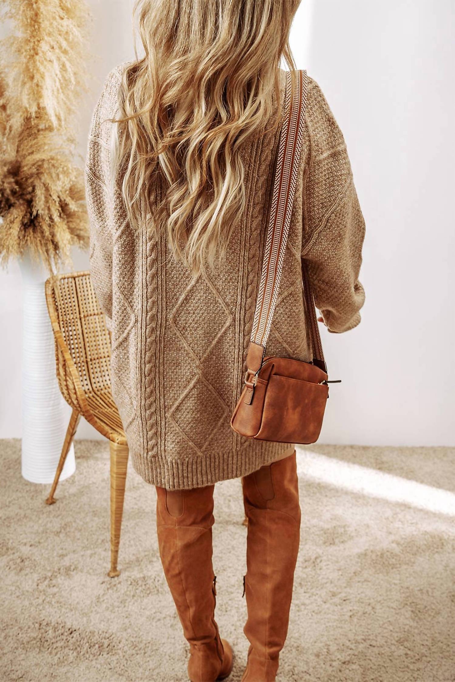 Little Daisy Closet - Cable Knit Drop Shoulder Loose Fit Sweater Dress