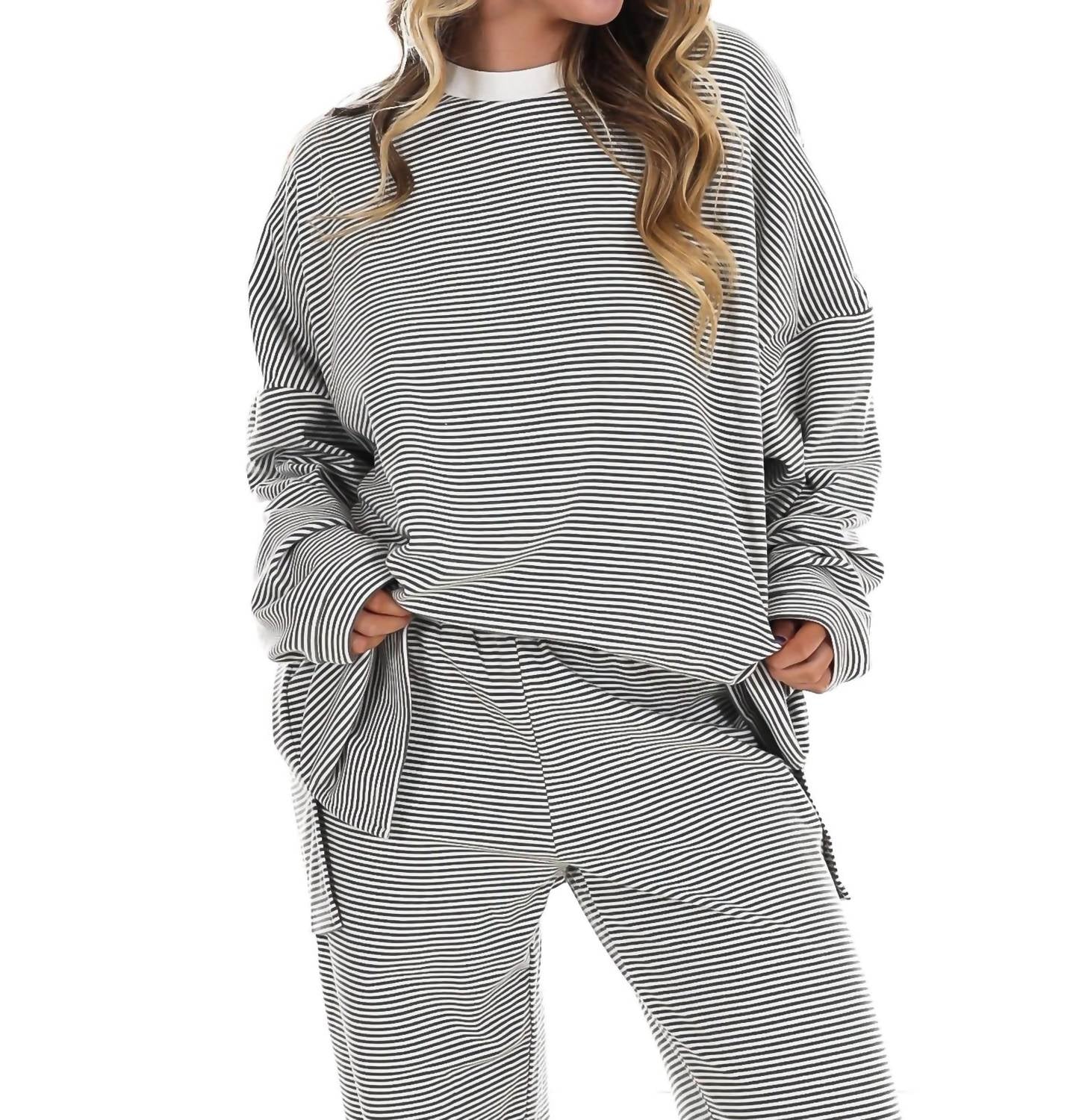 Things Between Made For More Striped Oversized Top in charcoal - women's sweater
