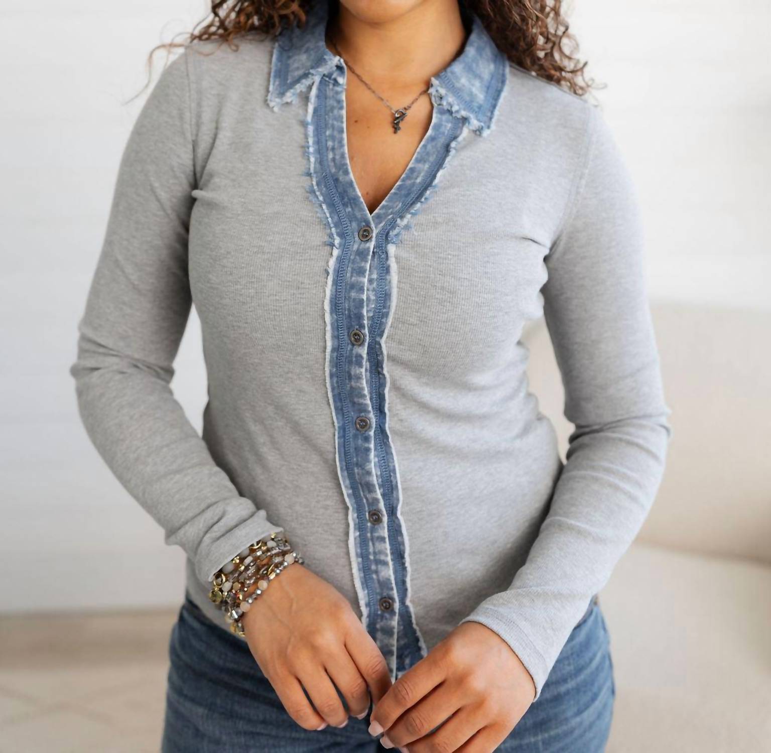 Mystree - Collared Washed Thermal Button Down Top