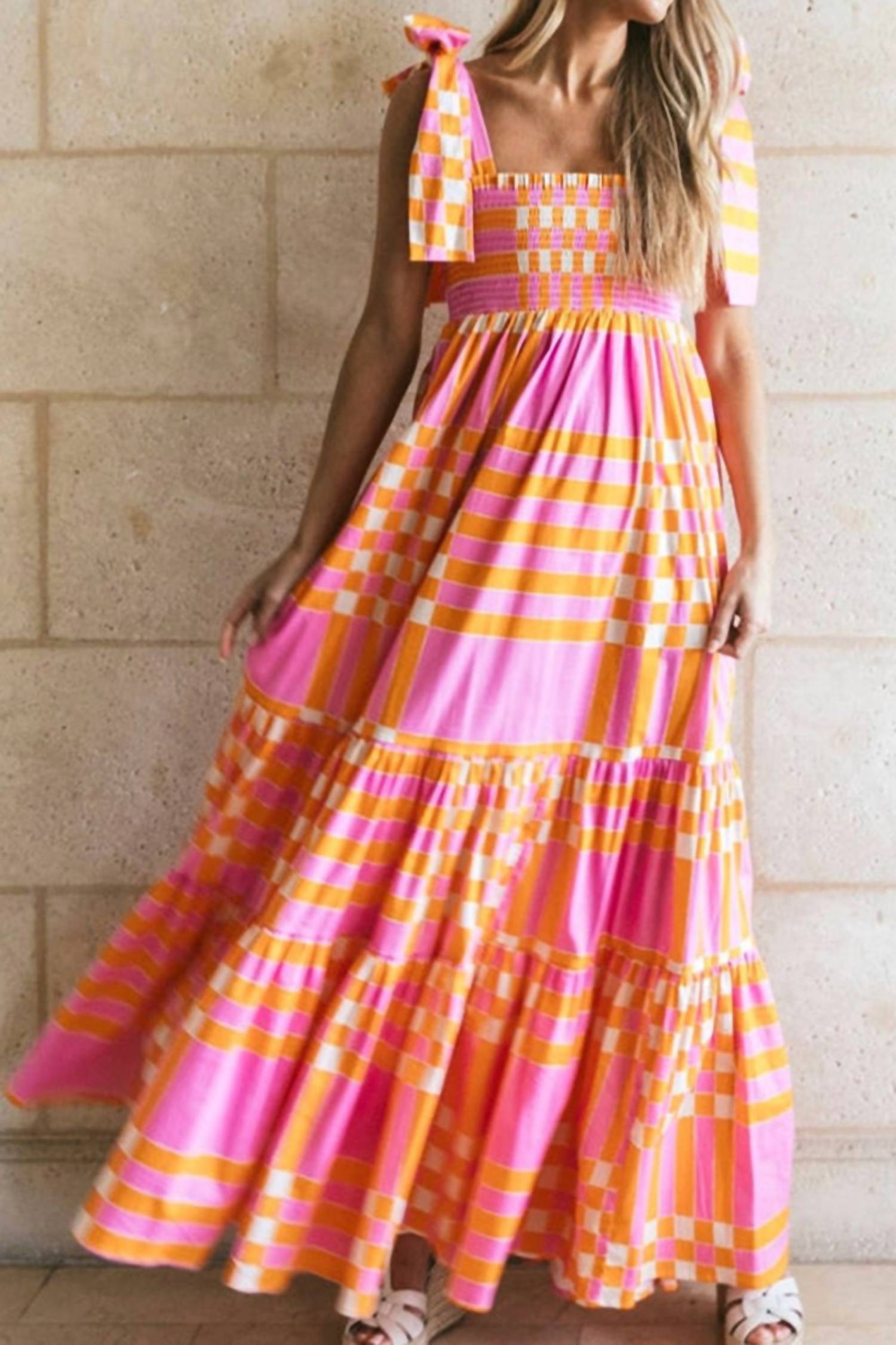 Amaryllis - Boho Gingham Tied Straps Smocked Maxi Dress