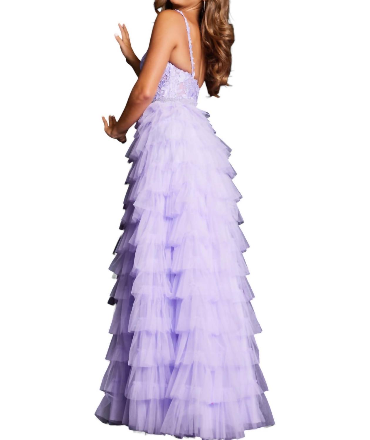 JOVANI Embellished Bodice Formal Ballgown in lilac - women's dress - detail view