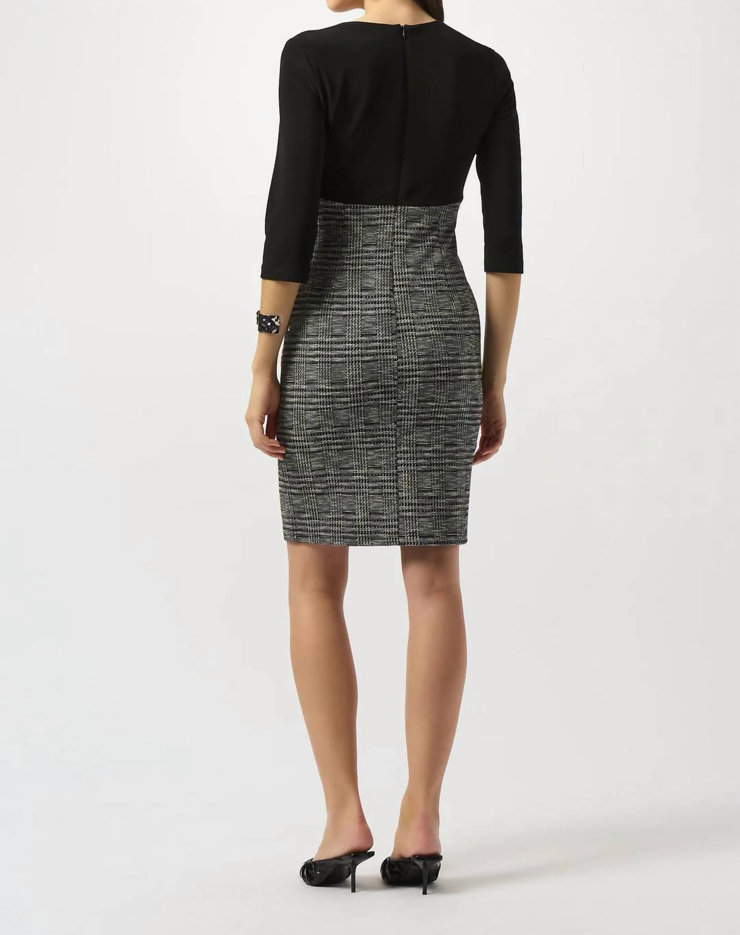 Joseph Ribkoff Plaid Print 3/4 Sleeves Sheath Dress in black white - women's dress - detail view