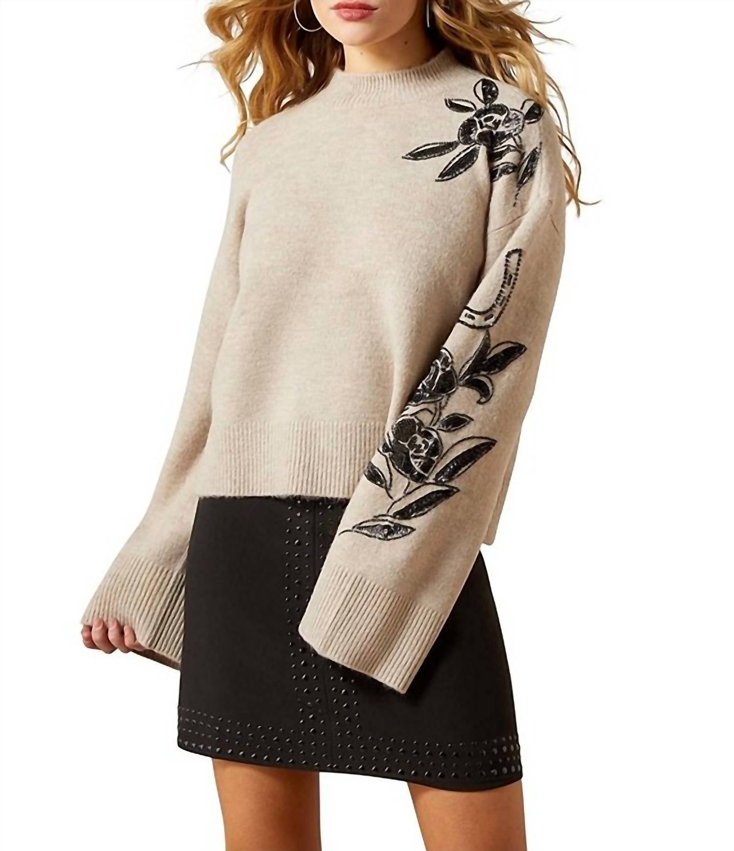 ARIAT All In Embellished Sweater in embellished sweater in oatmeal heather - women's sweater - detail view