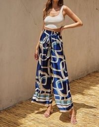 DRESS FORUM Satin Wide Leg Pants in blue ivory tan - women's pants