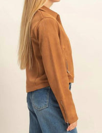 HYFVE Mandy Suede Zip Bomber Jacket in camel - women's jacket - detail view